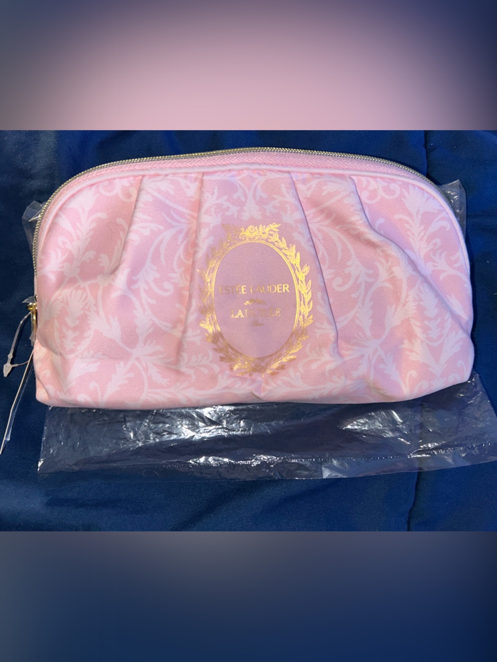 Estee Lauder Light Pink Quilted Cosmetic Pouch with Gold Foil Logo